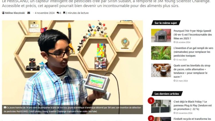 PestiSCAND : un ado de 14 ans récompensé pour l’invention d’un détecteur de pesticides instantané